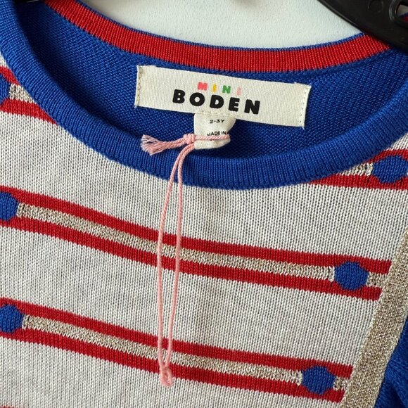 Mini Boden Nutcracker Knitted Dress Girls 2-3Y Blue Red Ruffled - Picture 3 of 5